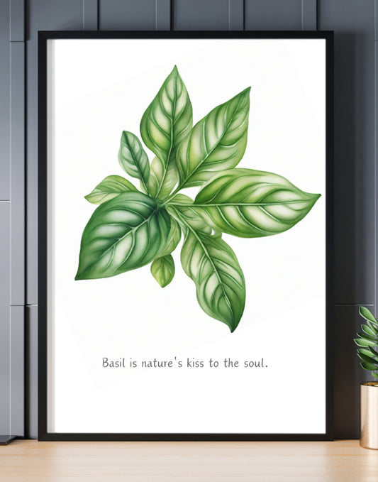 Basil herb Illustrated Print A4 Black Frame